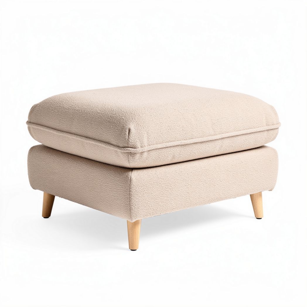 Hocker aus weichem stoff in beige mit holzbeinen 60 x 60 x 40cm