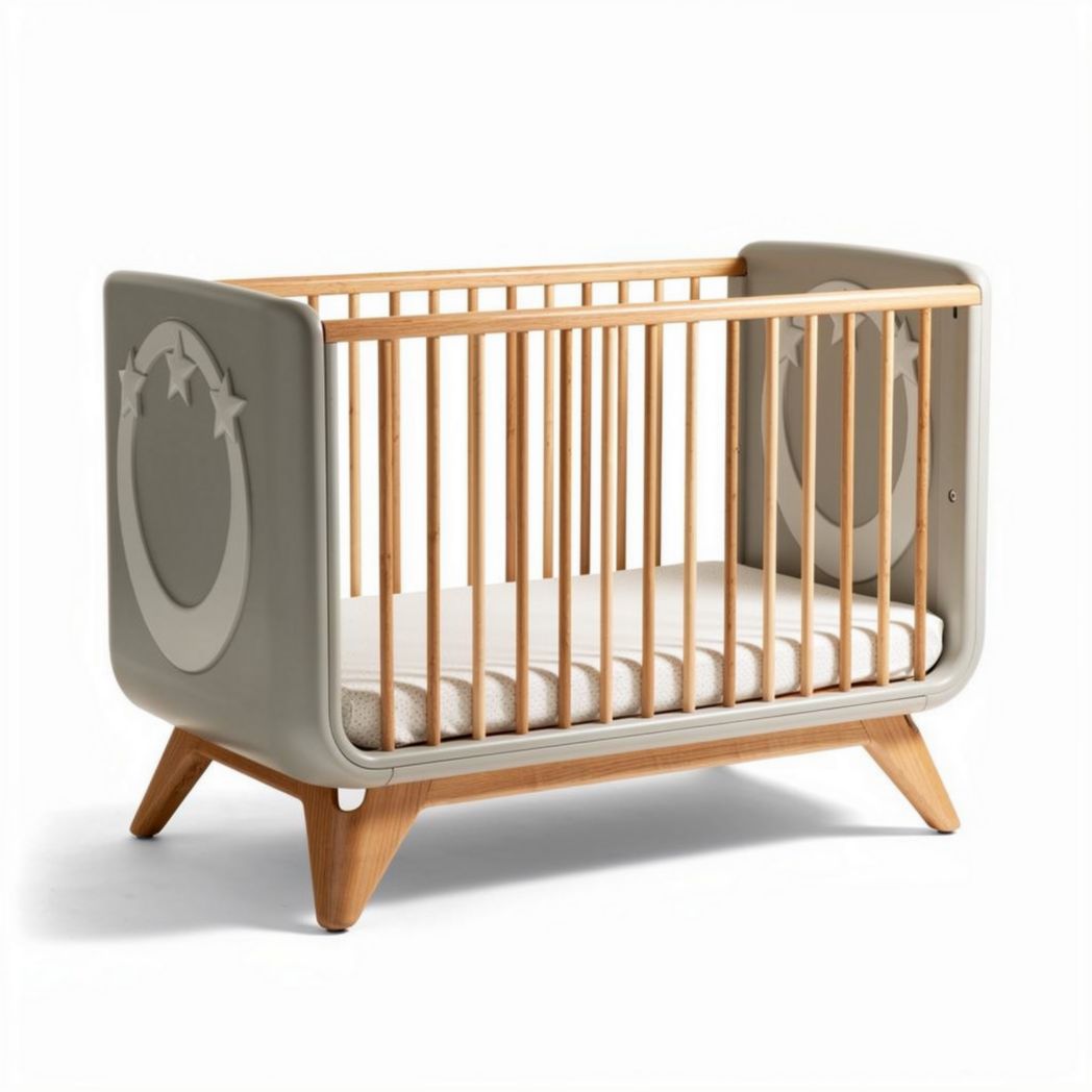 Kinderbett aus Holz mit grauem Design und den Maßen 120 x 60 x 80cm