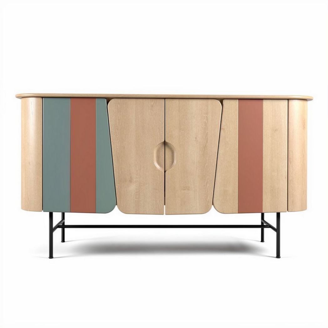 Sideboard aus Holz mit bunten akzenten in blau und rot 80 x 40 x 70cm